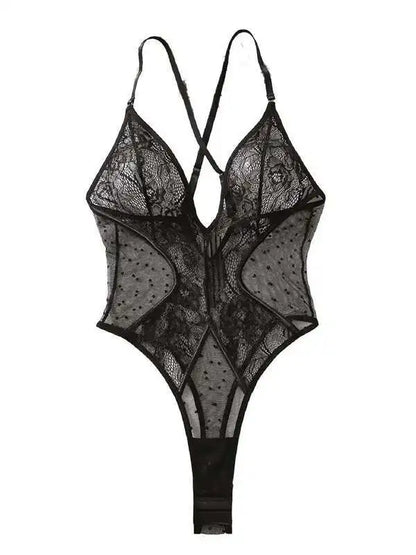 Bodysuit Black Floral Embroidered Mesh Cross