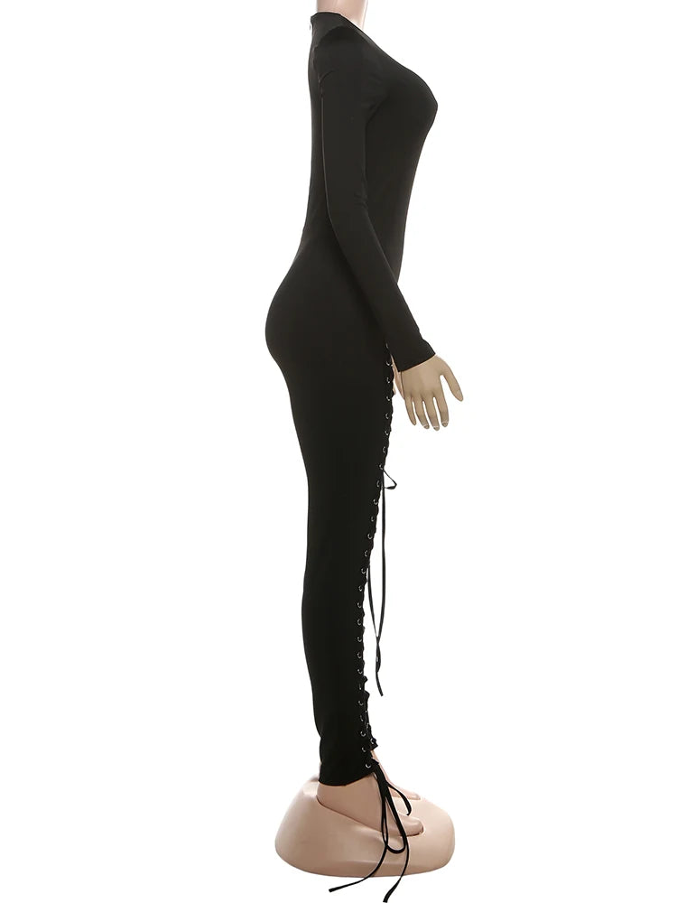 Weird Puss Sexy Fall Jumpsuits Women Diy Shirring o-Neck Full Sleeve Midnight Party Club Stretch Activity Fitness Slim Overalls