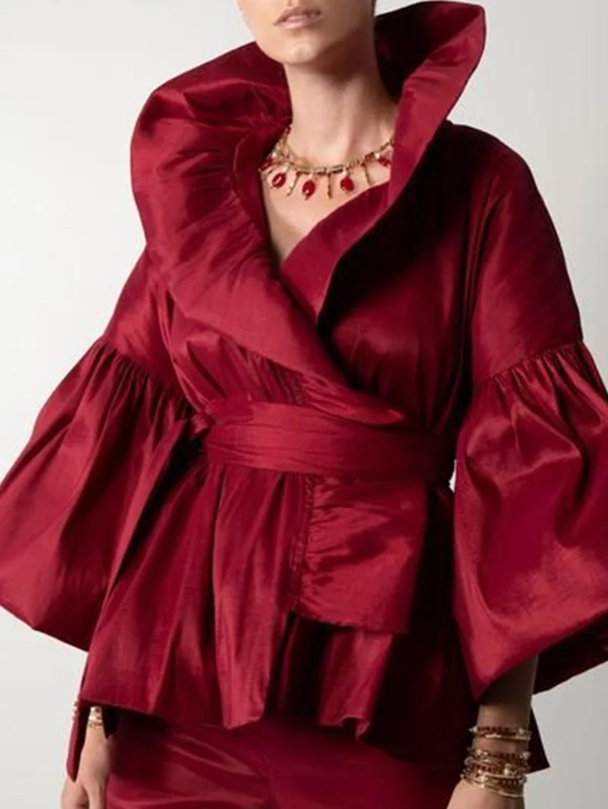 Puff Sleeve Ruffle Wrap Blouse