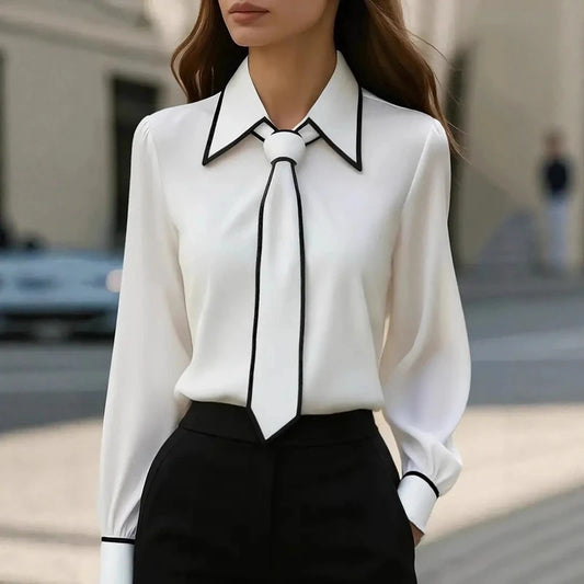 Contrast Bow Tie Slim Fit Blouse