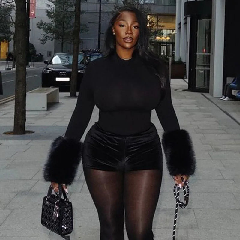 FAGADOER Winter New Sexy Fur Patchwork 2 Pieces Set for Woman Outfits Long Sleeves Bodycon Playsuits + Shorts Female Streetwear