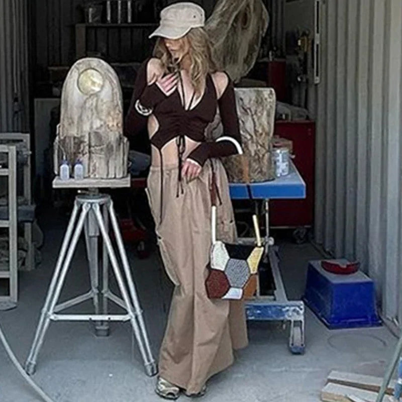 2025 New Dark Y2k Punk Drawstring Bandage Sexy Camis Techwear Backless Long Sleeve Crop Tops Women's Bodycon Summer Streetwear