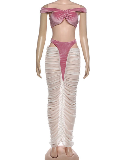 Velvet Cross Tank Top & Ruched Skirt Set