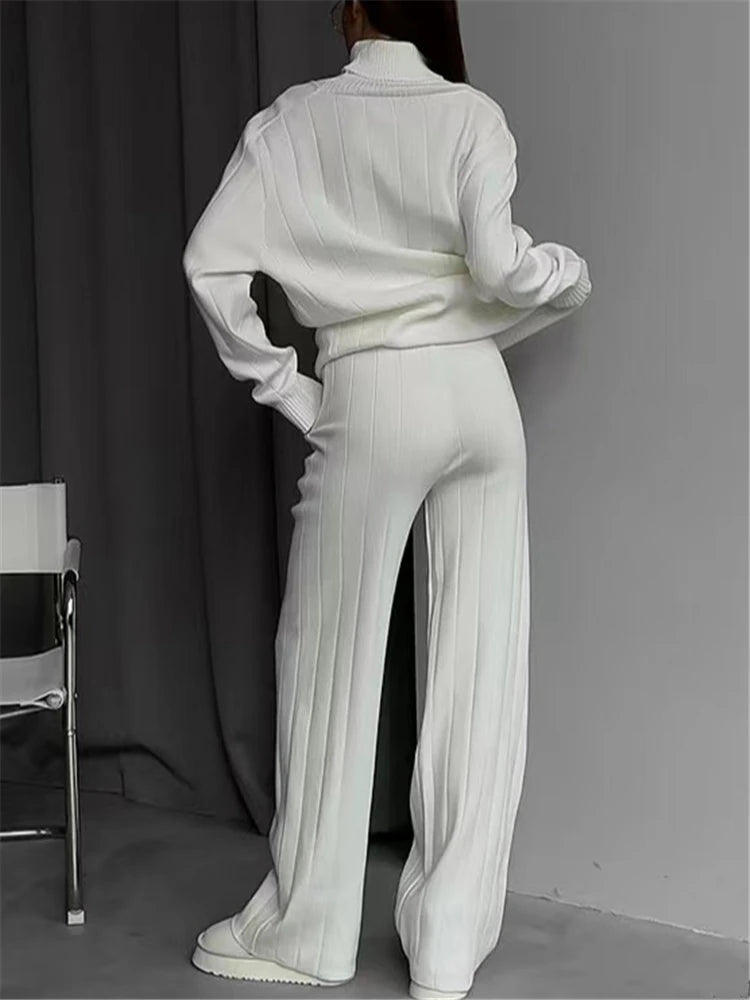 REALEFT White Sets Knitted Tracksuit Turtleneck