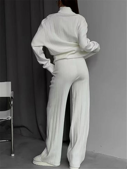 REALEFT White Sets Knitted Tracksuit Turtleneck