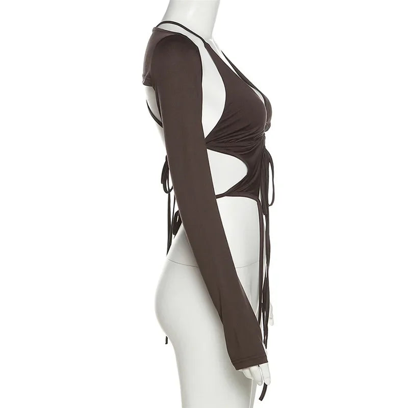 2025 New Dark Y2k Punk Drawstring Bandage Sexy Camis Techwear Backless Long Sleeve Crop Tops Women's Bodycon Summer Streetwear