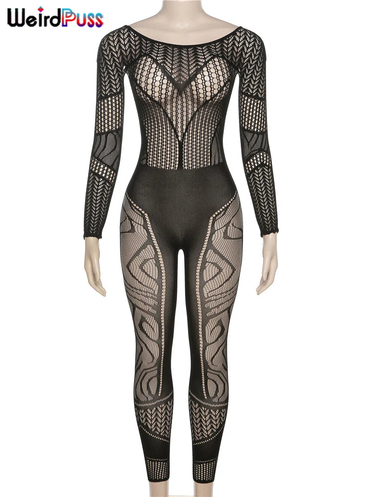 Weird Puss See Through Women Jumpsuits Long Sleeve Hollow Out Hot Girls Sexy Nightclub Dance Party Body-Shaping Coquette Outfits