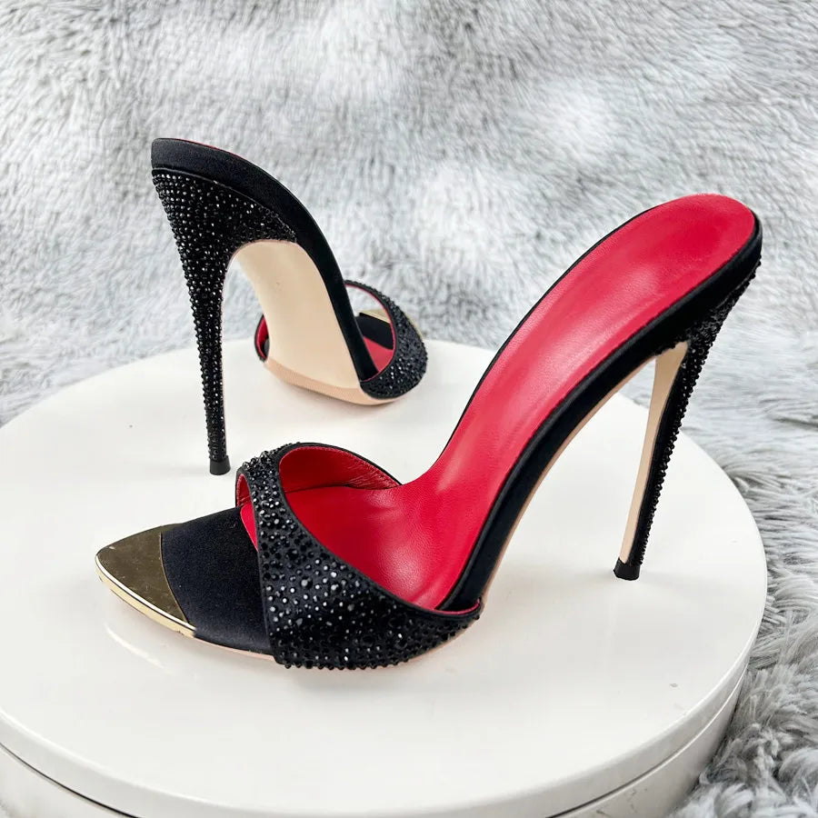 Diamond Black print high heeled slippers