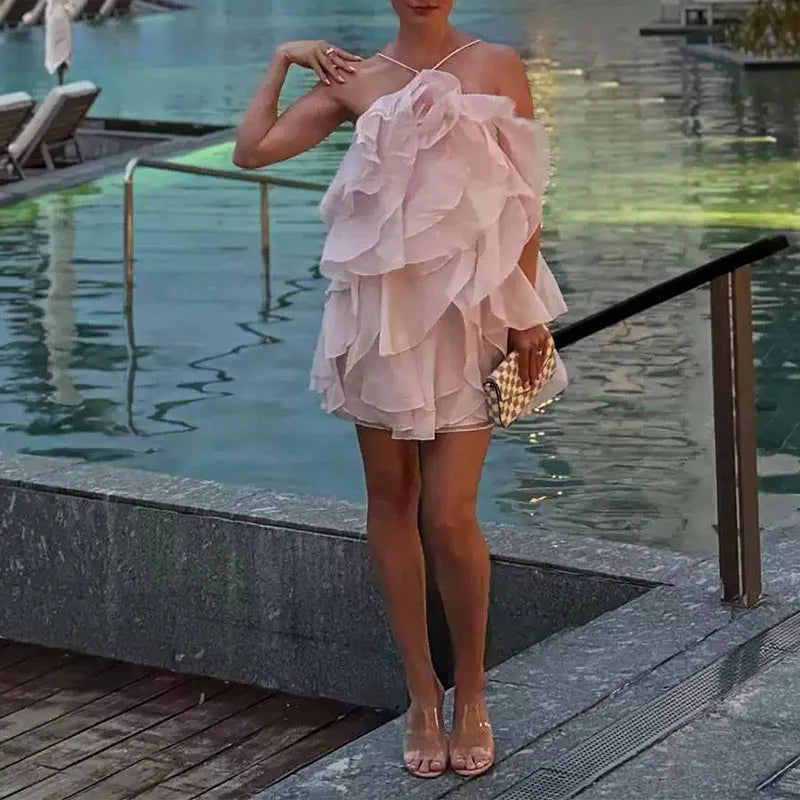 Halter Ruffle Edge Swing Maxi Dress