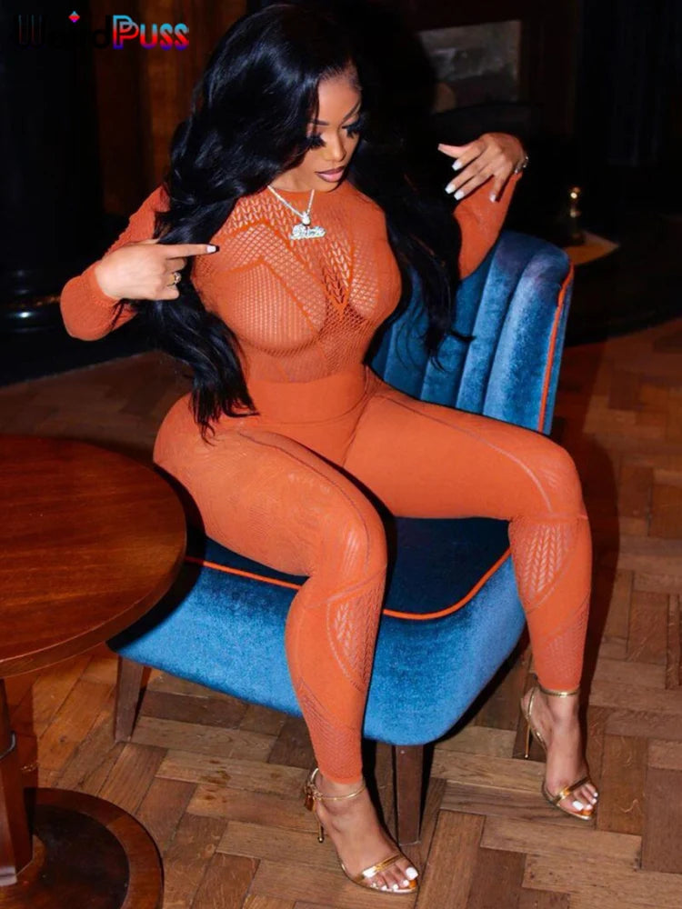 Weird Puss See Through Women Jumpsuits Long Sleeve Hollow Out Hot Girls Sexy Nightclub Dance Party Body-Shaping Coquette Outfits