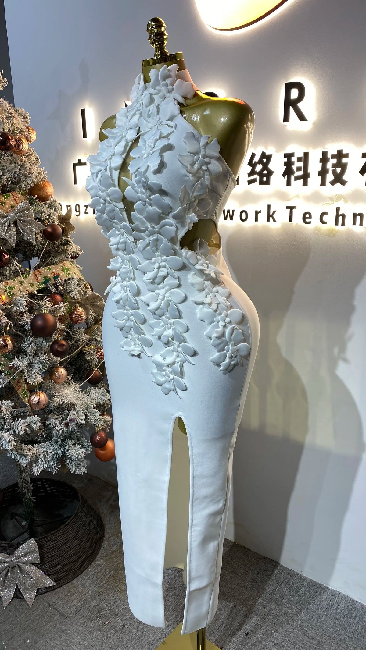 3D Floral High-Waist Slit Dress