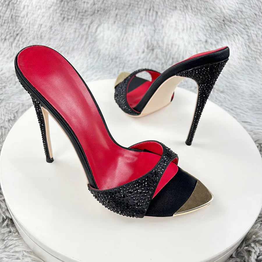 Diamond Black print high heeled slippers