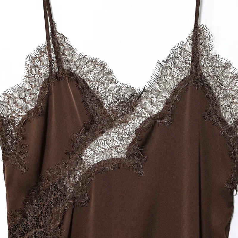 Black Satin Asymmetrical Lace Slip Dress