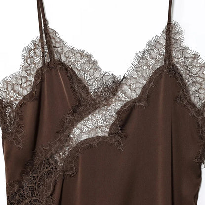 Black Satin Asymmetrical Lace Slip Dress