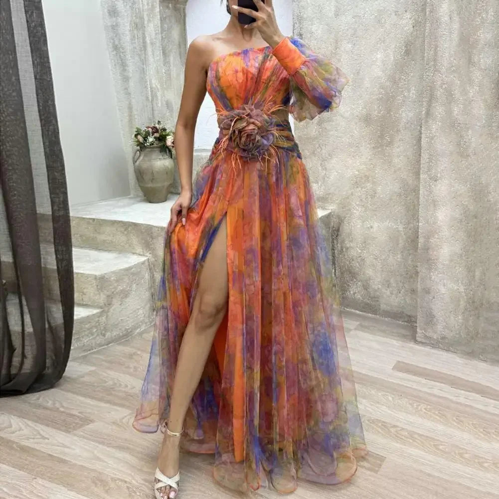 Formal Party Dress One Shoulder Tie-dye