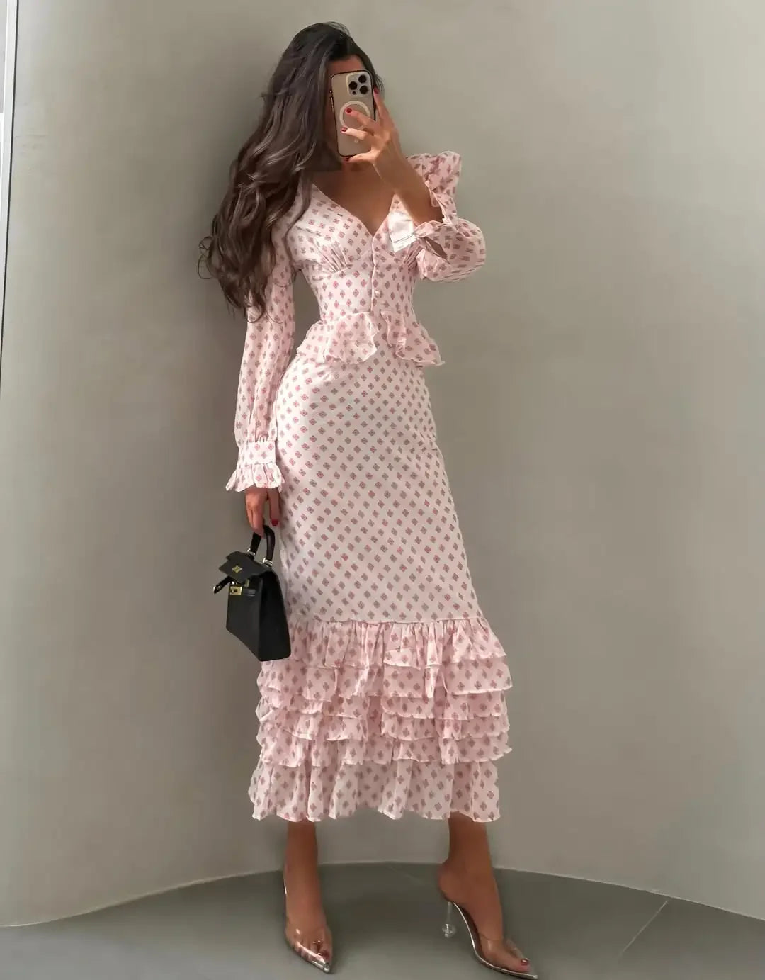 Ruffled-edge Dress Chic V-neck Long Sleeve