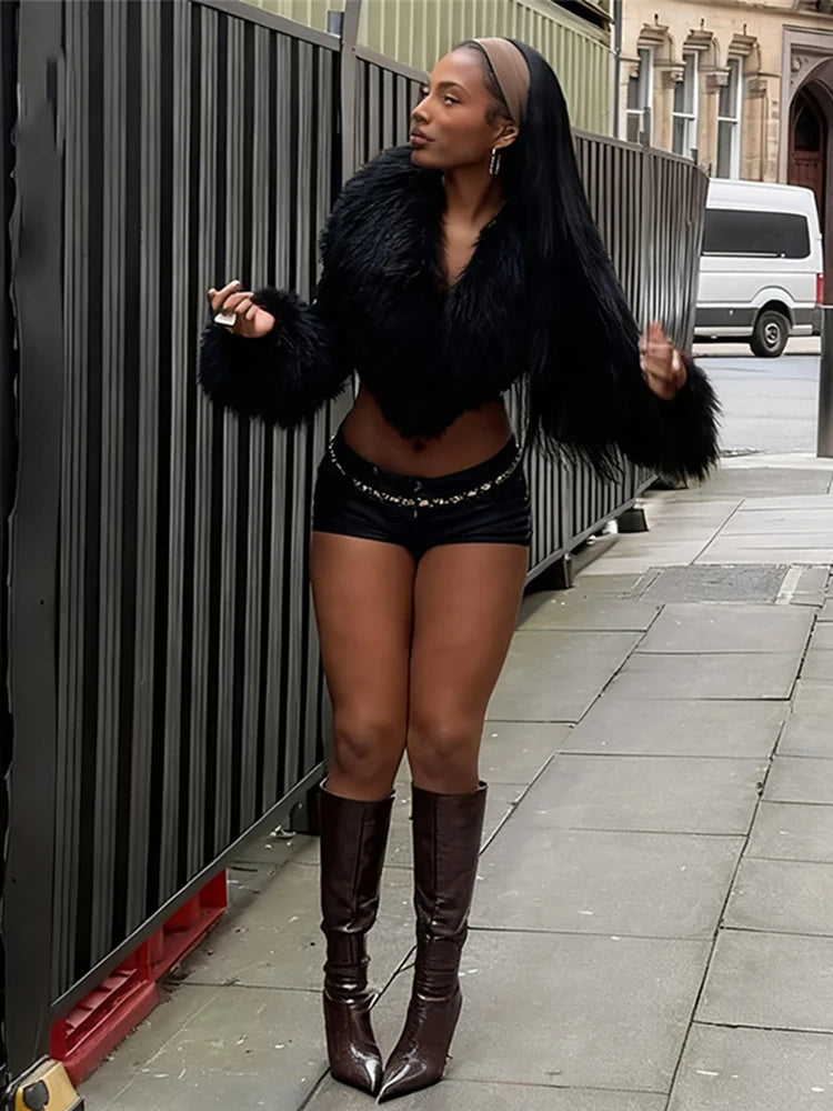 Nibber Wild Coats Woman Furry Tassel Decoration Autumn Trend Low-Neck Full Sleeve Navel Exposed High Street Style Classic Tops