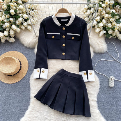 Color Block Cardigan & Pleated Skirt Set
