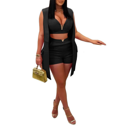 Three-Piece Blazer Vest & Shorts Set