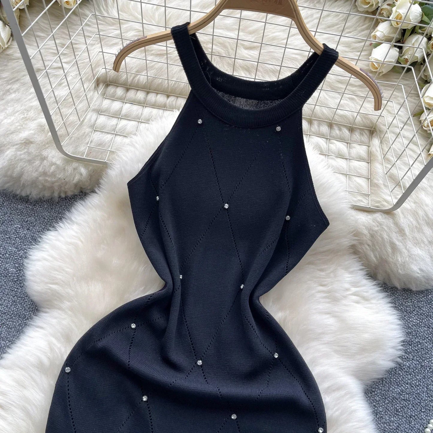 Beading Halter Women's Knitting Sheath Tank Dress Female Bodycon Knitted Camisole Sleeveless Mini Dresses For Woman Outfits