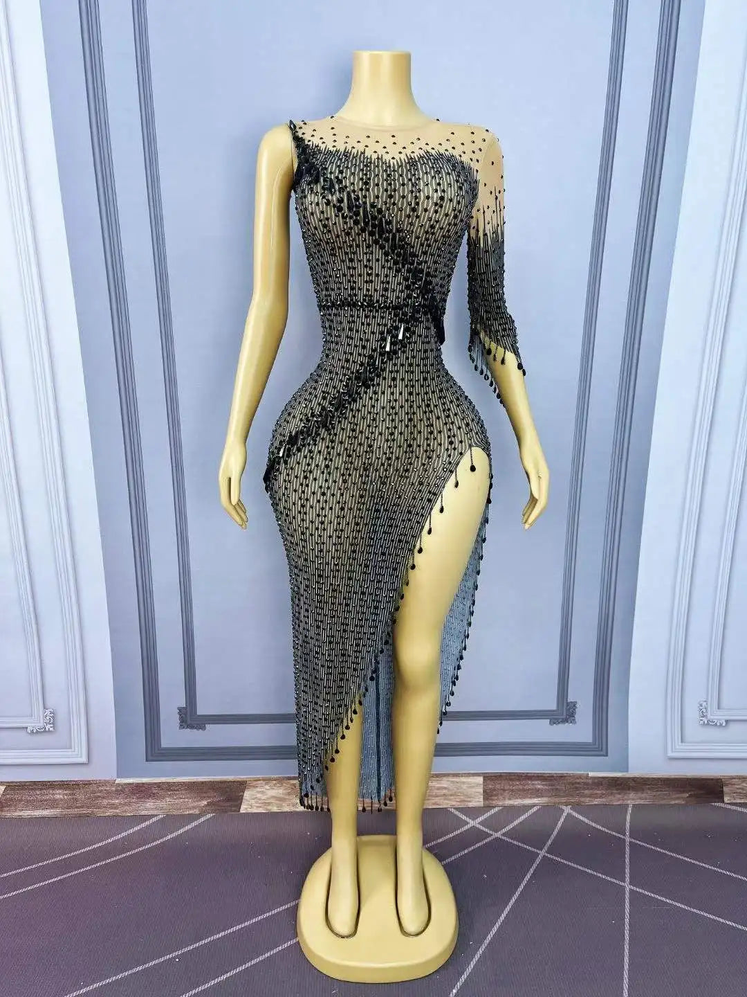 One-Shoulder Sequin High-Split Gown