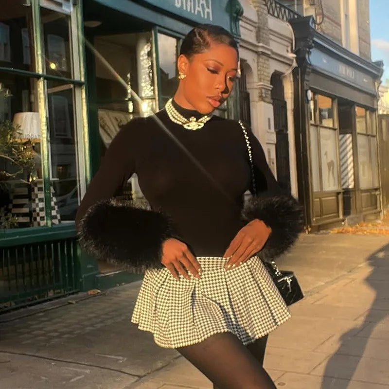 FAGADOER Winter New Sexy Fur Patchwork 2 Pieces Set for Woman Outfits Long Sleeves Bodycon Playsuits + Shorts Female Streetwear