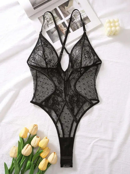 Bodysuit Black Floral Embroidered Mesh Cross