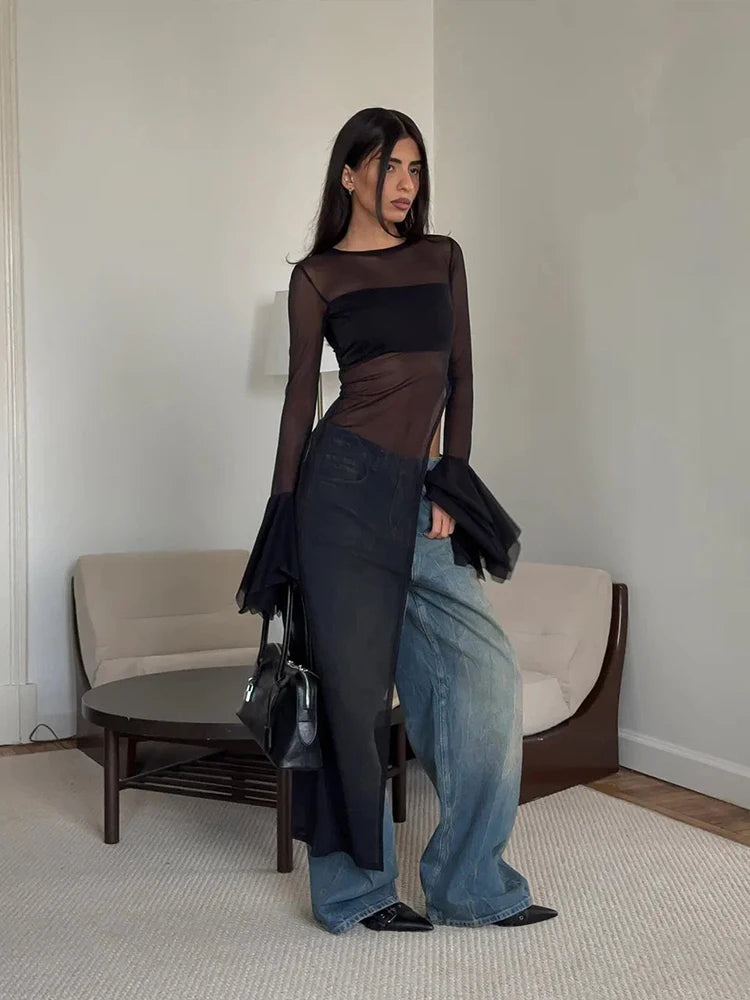 Nibber Irregular Hem t-Shirt Women Patchwork Sexy o-Neck Flared Sleeves Summer Daily Fashion Midnight Skinny Hottie Long Tops