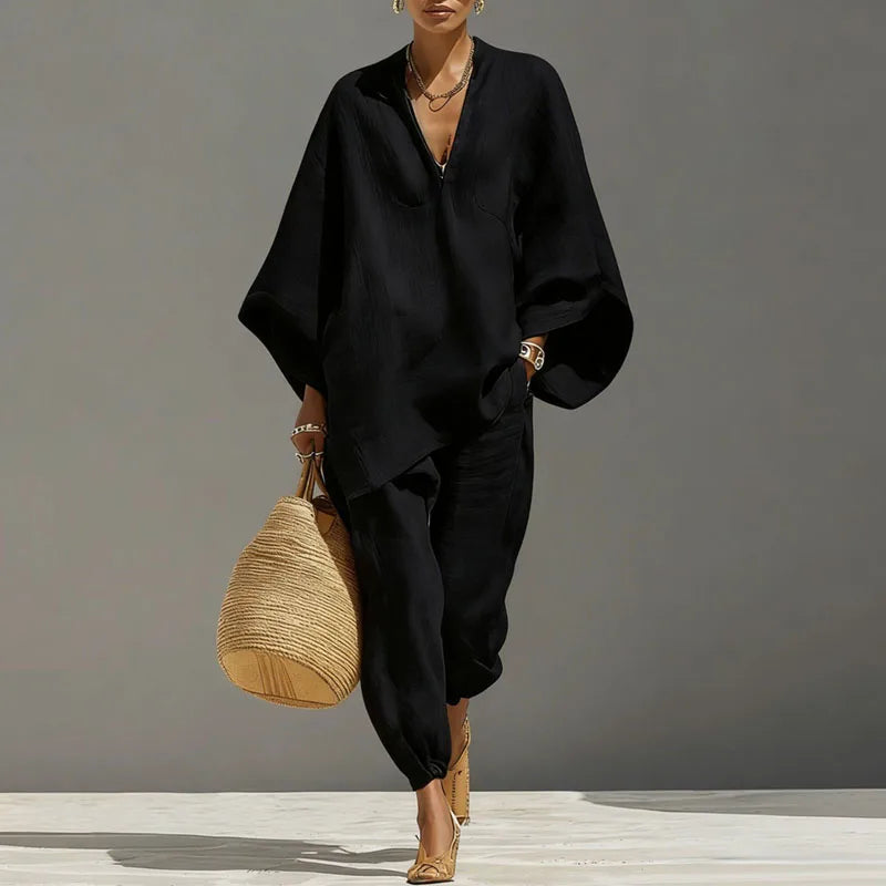V-Neck Batwing Top & Casual Pants Set