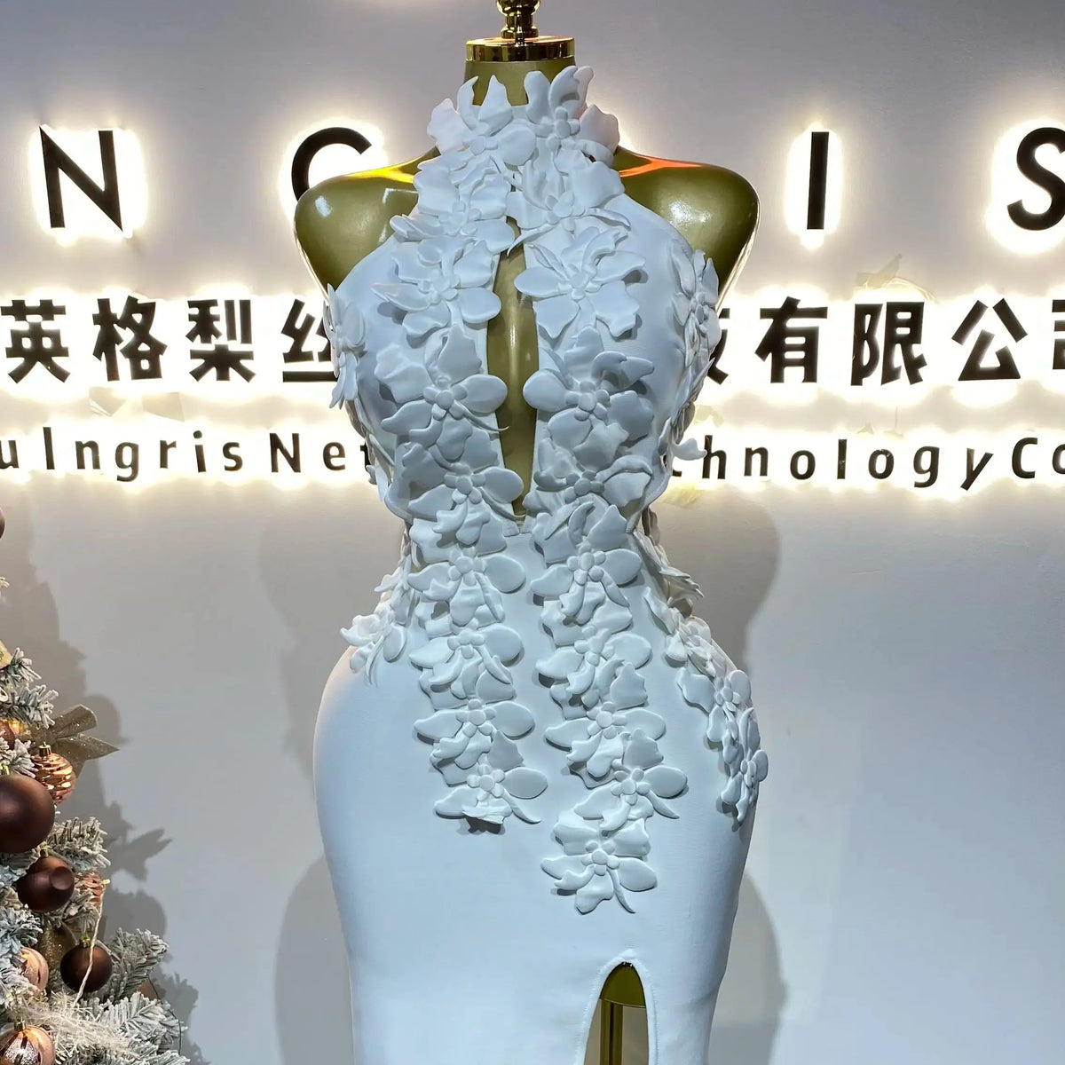 3D Floral High-Waist Slit Dress