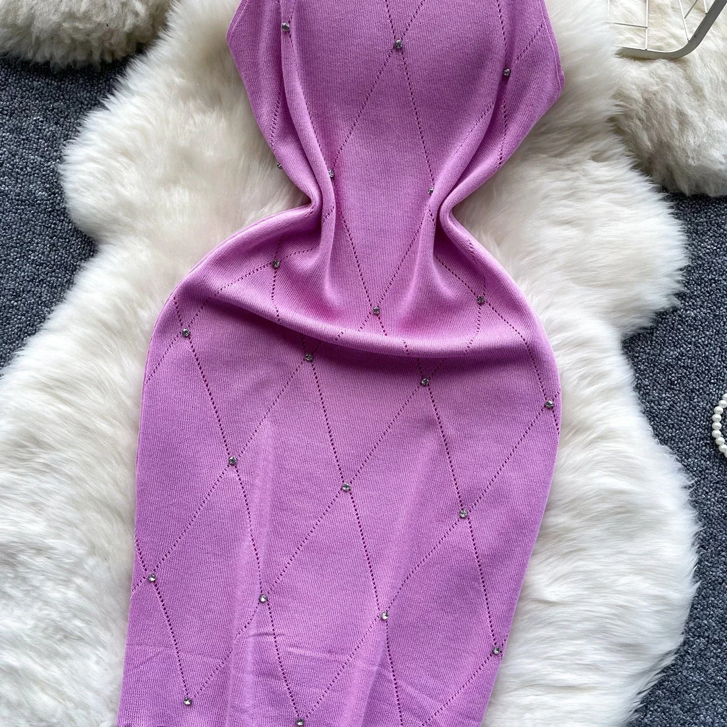 Beading Halter Women's Knitting Sheath Tank Dress Female Bodycon Knitted Camisole Sleeveless Mini Dresses For Woman Outfits