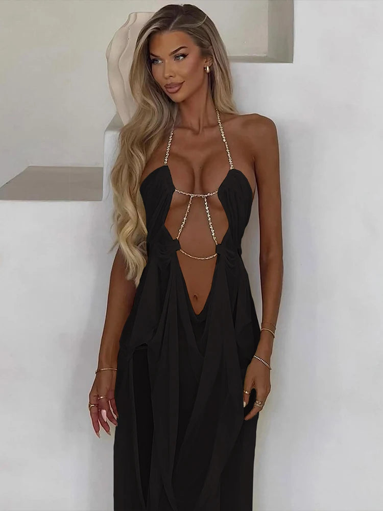 Weird Puss Sexy See Through Dress Women Sexy Halter Chain Backless Irregular Ruched Patchwork Vacation Birthday Party Clubwear