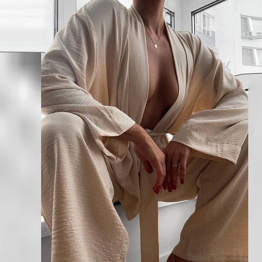 Sexy V-neck Lace-up Cardigan & Long Pant Suit 2024 Women Causal Long Sleeve Solid 2Pc Set Office Elegant Homewear Loose Outfits