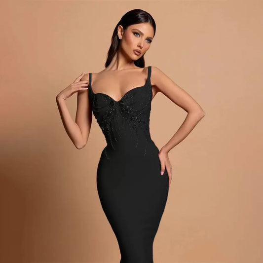2026 New Women's Sexy Beaded Straps Bandage Dress Luxury Bodycon Gown for Club Party Celebrity Birthday Wedding Guest Elegant
