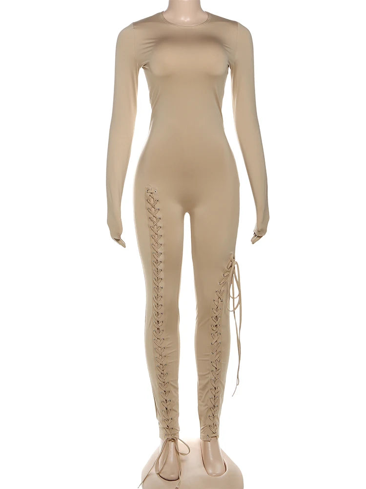 Weird Puss Sexy Fall Jumpsuits Women Diy Shirring o-Neck Full Sleeve Midnight Party Club Stretch Activity Fitness Slim Overalls