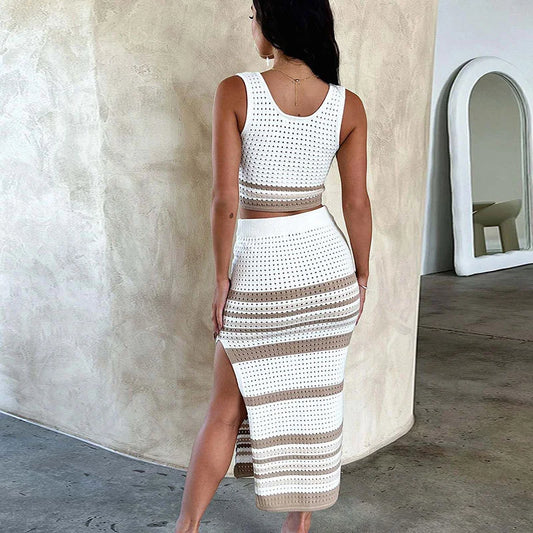 Women's Crochet Swimsuit, Beach Cover Up Knit Dress, Striped Swimwear, Bikini Cover-up, Sexy Crop Top and High Waist Skirt, 2 Pc