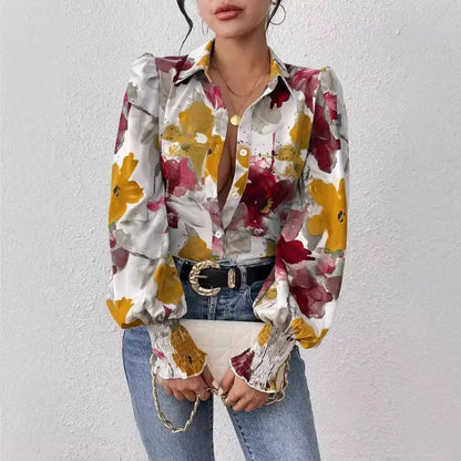 Inked Flower Printed Loose Puff Sleeve
