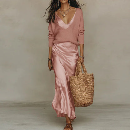 Knitted Sweater & Satin Midi Dress Set