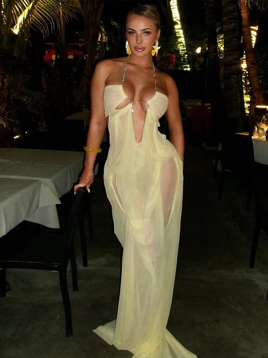 Nibber Prom Party Gown Dress Woman Sexy See Through Luxury Chain Halter Low-Neck Backless Sleeveless Midnight Elegant Vestidos