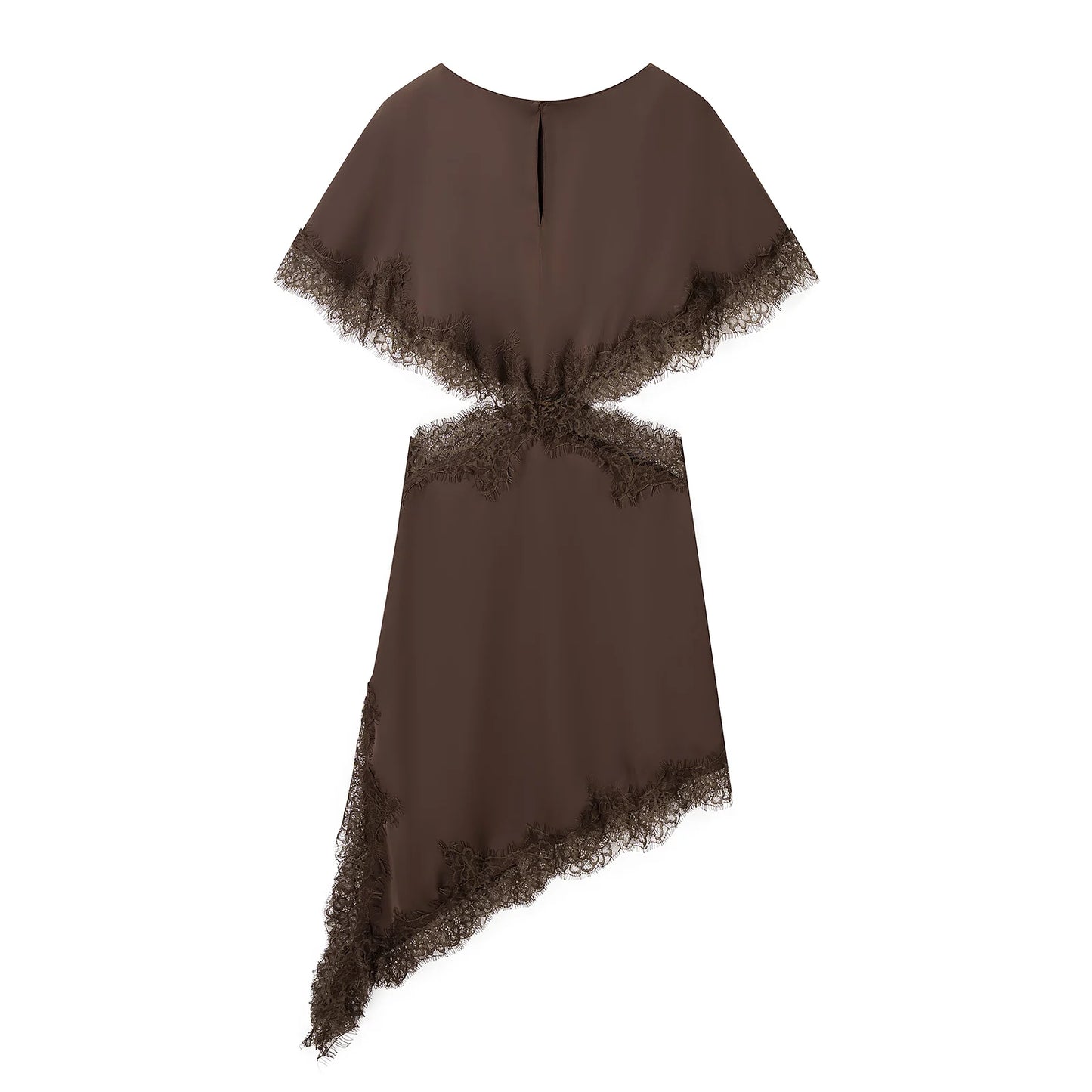 KONDALA Sexy Waist Hollow Dress Women Satin Asymmetrical Hem Lace Dress 2026 Spring Summer Fashion Holiday Dating Party Dress