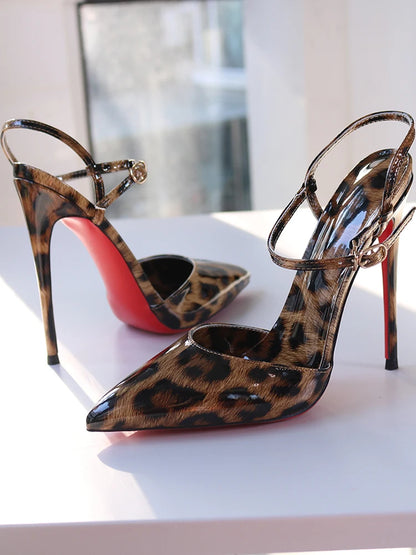 Red background leopard print high-heeled sandals