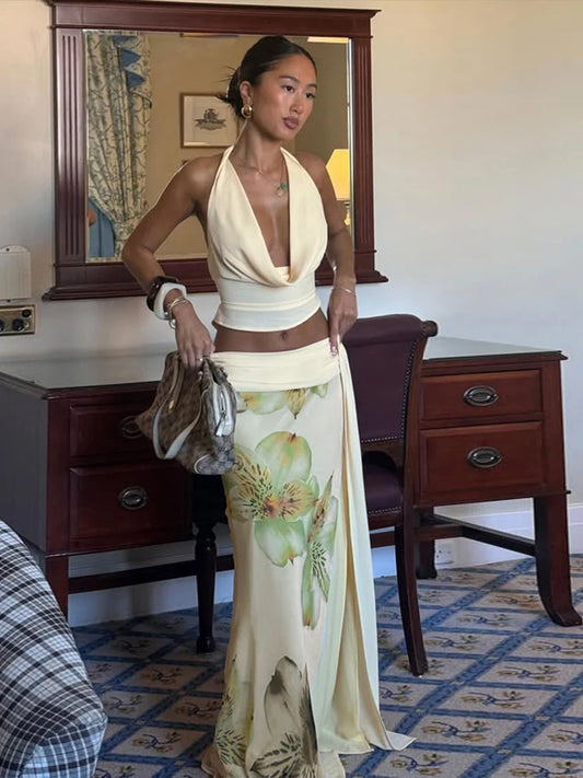 3-Piece Halter Top and Mesh Skirt Set