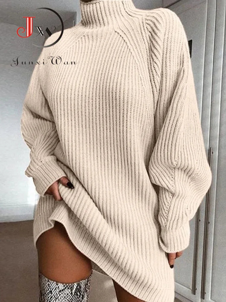 Turtleneck Oversized Knitted Dress Solid Long