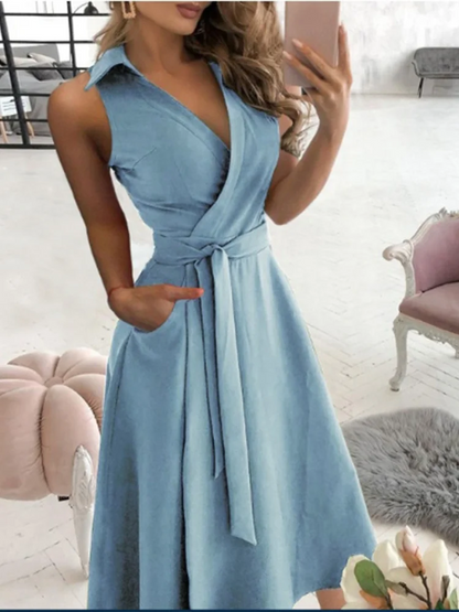 Short Sleeve V-Neck Pocket Midi Dress