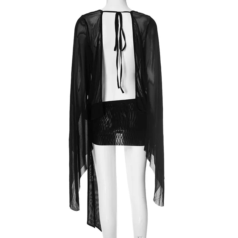 Women Sexy See Through Mesh Mini Dress Deep V-neck Lace Up Backless Flare Long Sleeve Ribbon Party Clubwear Holiday Outfits