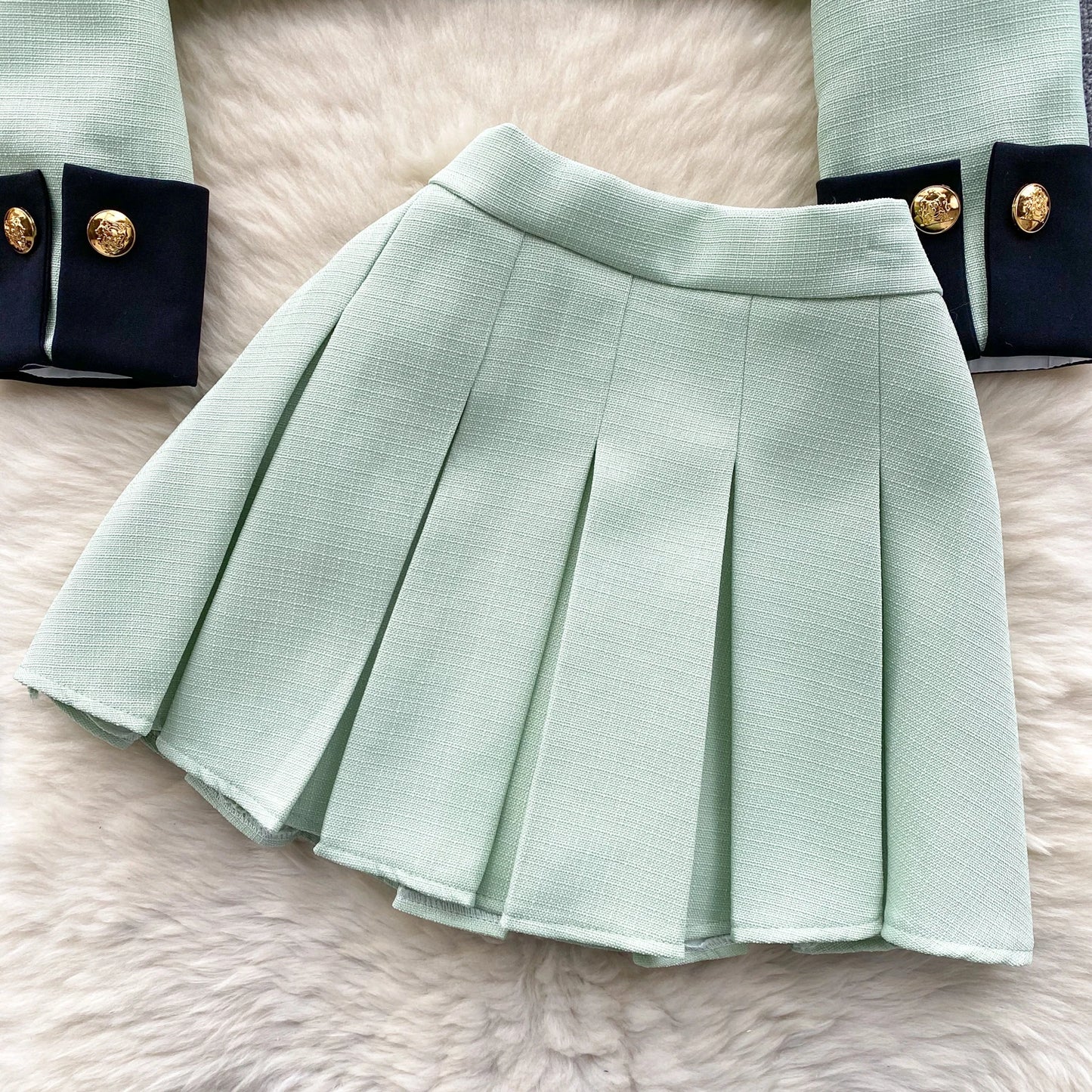 KUSAHIKI 2024 Spring Women's Color Block Short Cardigan Coat + High Waisted Pleated Half Skirt Two Piece Set