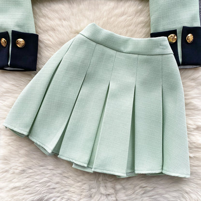 Color Block Cardigan & Pleated Skirt Set