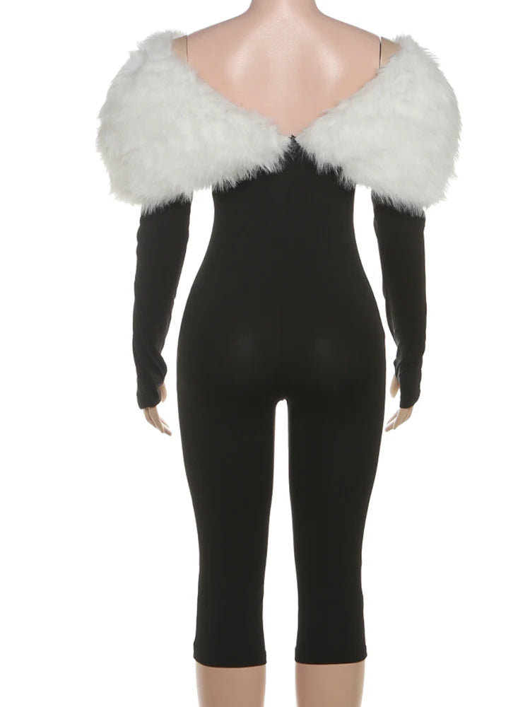 Weird Puss Furry Slash Neck Jumpsuit Woman Sexy Hollow Patchwork Full Sleeve Backless Skinny Hottie Street Autumn New Overalls
