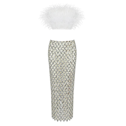 Feather Bandage Top & Sequined Skirt Set