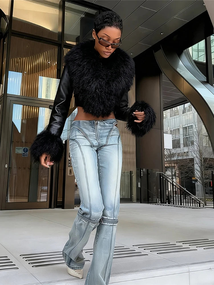 Nibber Wild Coats Woman Furry Tassel Decoration Autumn Trend Low-Neck Full Sleeve Navel Exposed High Street Style Classic Tops